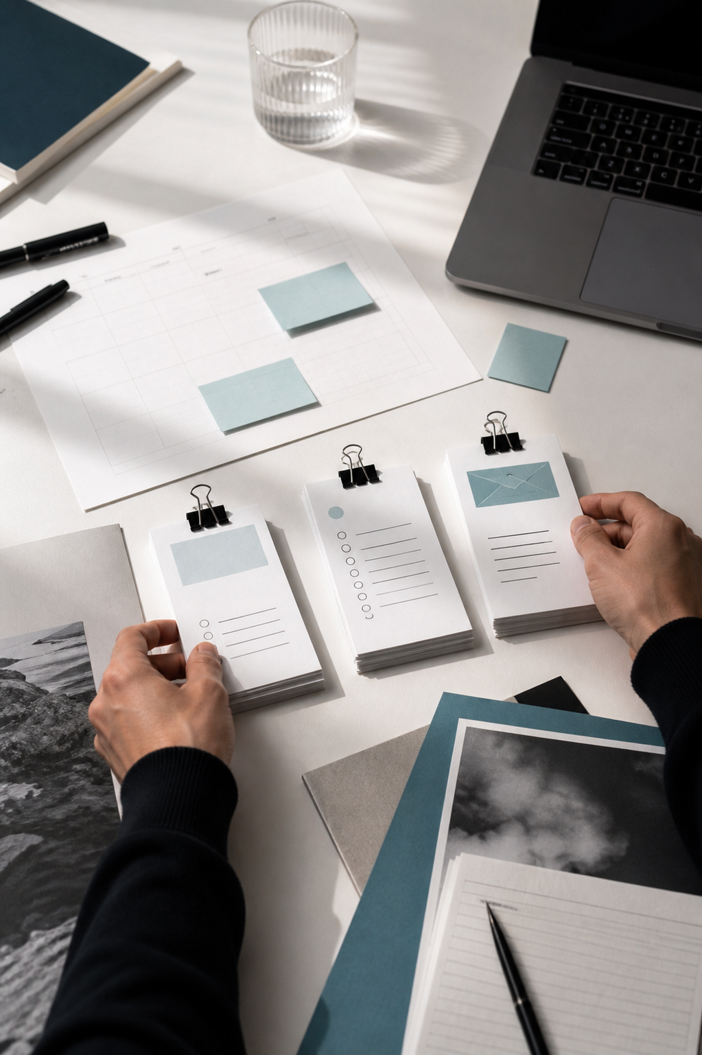 Organized workflow cards, calendar notes, and planning materials on a desk