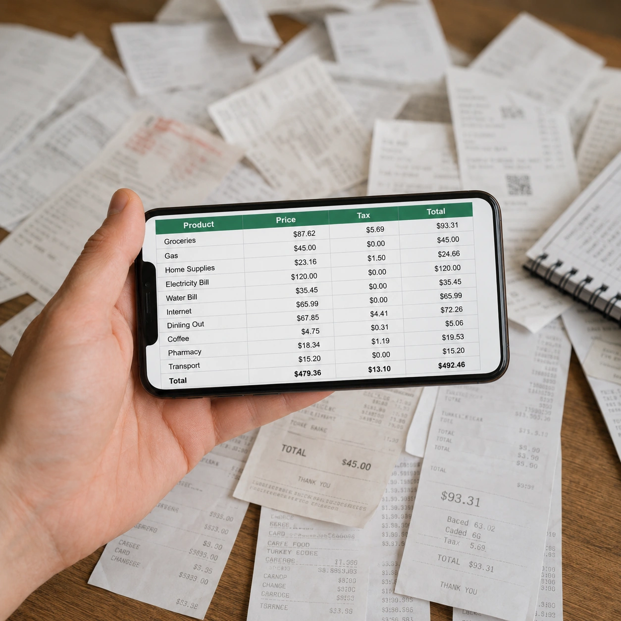 Phone showing a spreadsheet over a table covered with receipts