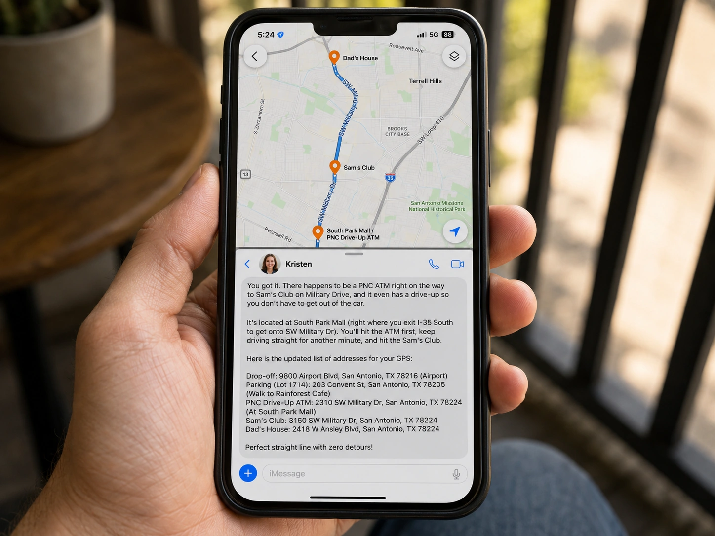 Phone showing a fictional route planning update with stops and addresses